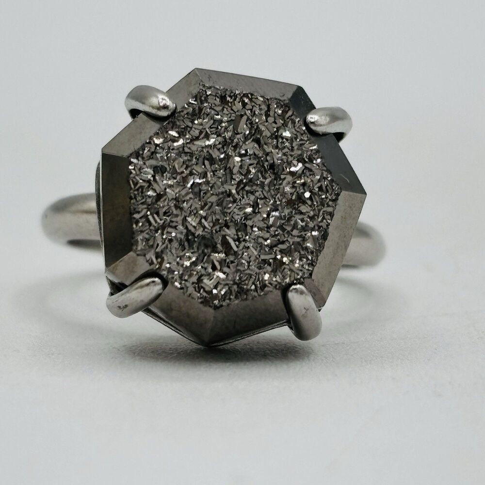 Kendra Scott Ring Ryan Rhodium Platinum Drusy Silver Sixe 6.75 Cocktail - Picture 2 of 6